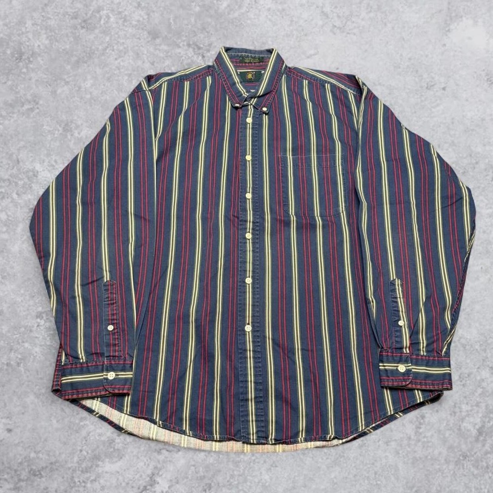 Vintage Preppy Striped Dress Shirt Button Up Multi Color Red Blue Green Mens